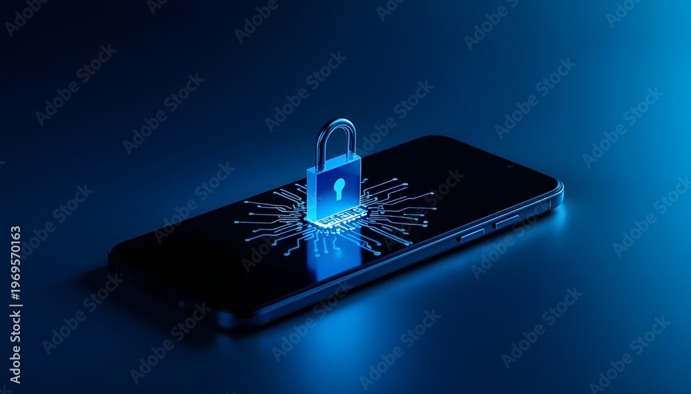 Fototapeta premium A smartphone with a blue padlock and digital code on its screen, symbolizing mobile security and protection