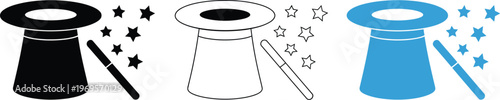 Magic hat and wand icon set, clean vector graphics of magician hat with star wand casting magical stardust for fantasy entertainment and creative design.