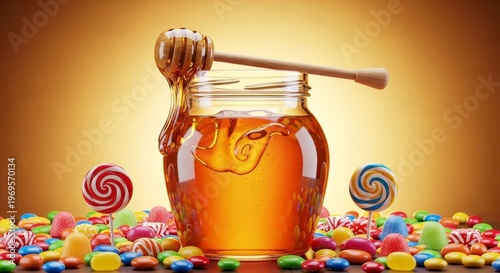 Honey jar with colorful candy sweets.