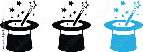 Magic wand icon set, vector illustration of star wand and magician hat icons in black outline and blue colors for fantasy and magical concept design.