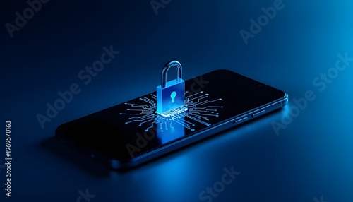 A smartphone with a blue padlock and digital code on its screen, symbolizing mobile security and protection