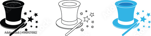 Magic hat icon set, charming vector collection with magician hats and magic wand creating sparkling stardust spell effects in black outline and blue styles.