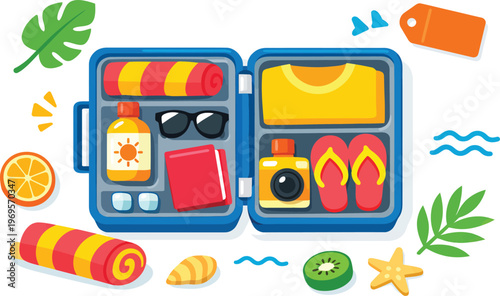 Colorful Beach Lunch Box with Snacks and Summer Accessories Bright Illustration Vector Art Isolated on transparent background