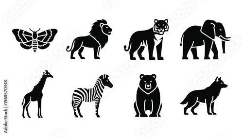 A collection of eight african animals and a moth all rendered as striking black shapes silhouette high quality professional detailed modern