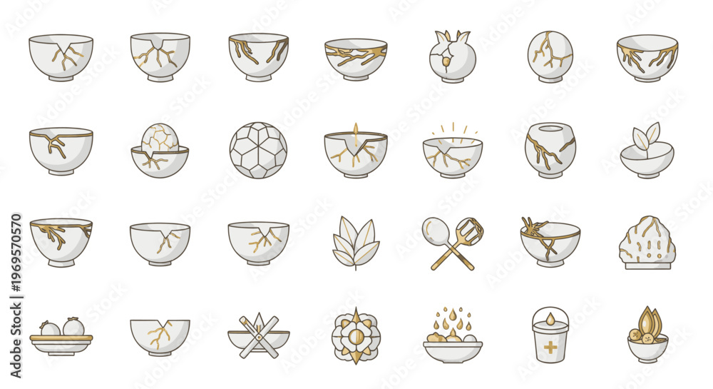Fototapeta premium Kintsugi Repair Illustration Set - Japanese Pottery Art and Golden Joinery Design Elements for Crafts and Decorative Projects