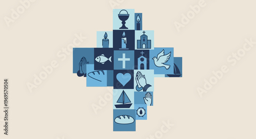 Christian Religious Symbols Arranged in a Cross Shape on a Beige Background