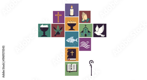 Christian Symbols Collage Forming a Cross with Religious Icons and Objects