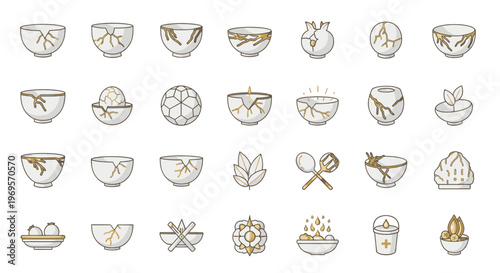 Kintsugi Repair Illustration Set - Japanese Pottery Art and Golden Joinery Design Elements for Crafts and Decorative Projects