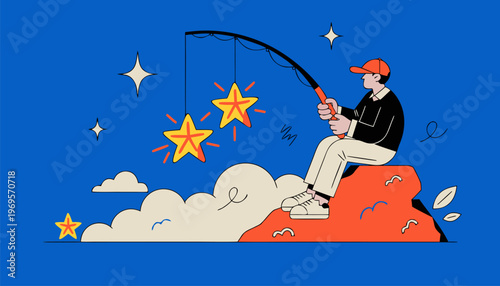 Man fishing for stars on a cloud with a fishing rod under a blue sky with sparkles and orange stars