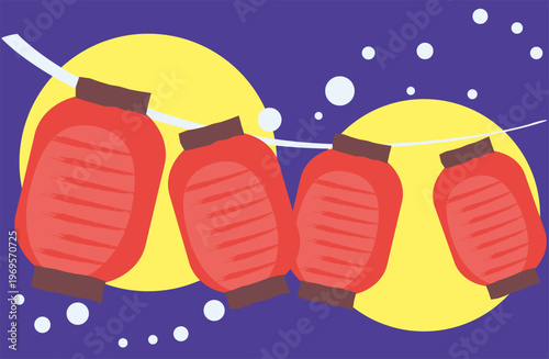 夜空と吊り下げられた赤い提灯のイラスト