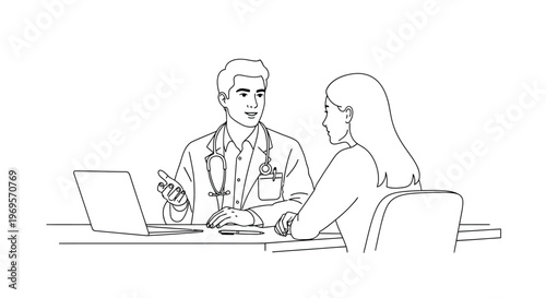 A caring male doctor wearing a white lab coat and stethoscope is actively consulting with a female patient, discussing important health information and providing professional medical advice during an-