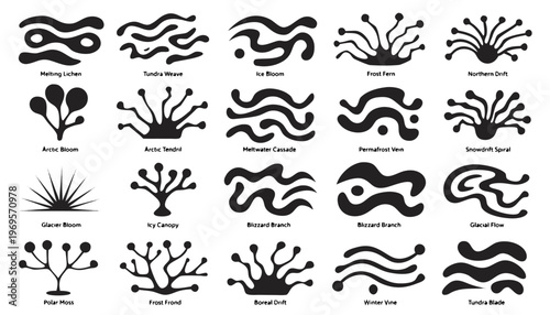 Arctic plant silhouettes in various shapes and forms on white background for climate change concept