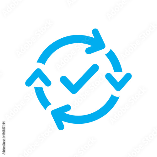 Circular arrows with a checkmark symbolize process completion and workflow efficiency within business operations.