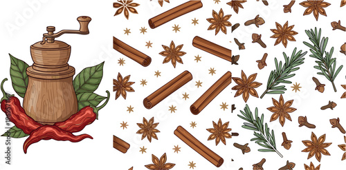 Spices and Herbs Collection with Cinnamon, Star Anise, Chili, and Herb Grinder for Culinary and Food Design