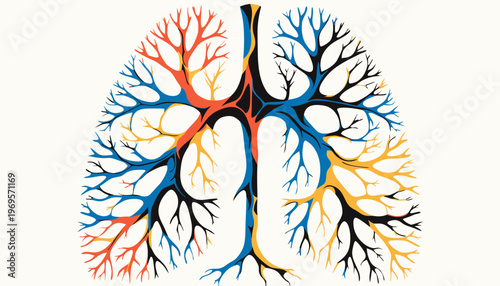 Vibrant tree like illustration of human lung with colorful branching airways and blood vessels on white background