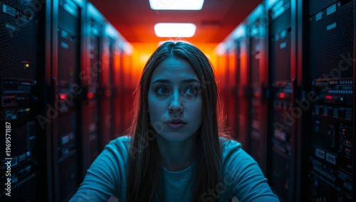 A young woman with long hair sits in a futuristic data center aisle, illuminated by blue and red lights, surrounded by server racks.