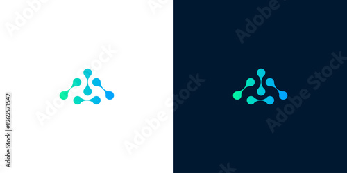 Dynamic abstract emblem with a triangular arrangement of glowing, interconnected nodes, rendered in a smooth gradient of teal and blue, symbolizing advanced technology and robust networks