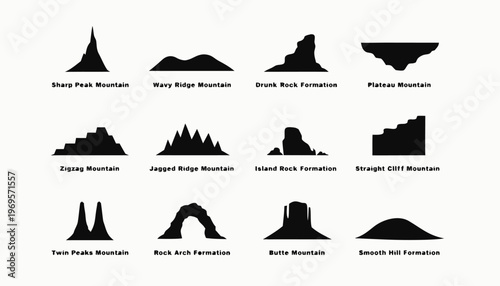 Collection of black vector silhouettes of various mountain peaks and rock formations on white background