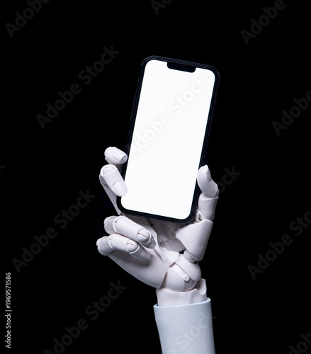 Robot Hand Holding Smartphone with White Chroma Key Screen on Black Background