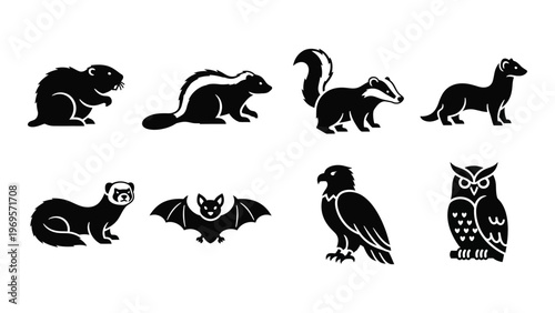 A collection of black silhouettes depicting diverse animals including mammals birds and a bat in a graphic style silhouette high quality