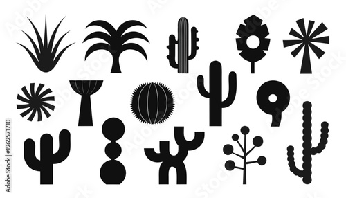 Collection of black silhouettes of various desert plants and cacti on white background for design and decoration