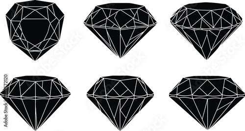 diamond gemstone silhouette set vector illustration, cad drawing flat vector illustration, luxury jewel collection, crystal shapes design, black solid gem icon
