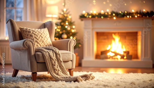 Cozy chair soft blanket glowing fireplace offers relaxation comfortable seating area with blanket by crackling fireplace warmth
