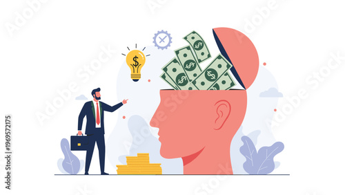 Businessman pointing towards a large human head filled with dollar bills to represent the value of financial knowledge and creative ideas.