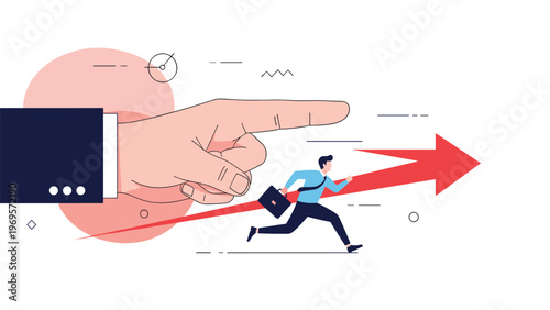 Businessman running quickly along a rising red arrow following the direction of a giant pointing hand for career growth and success.