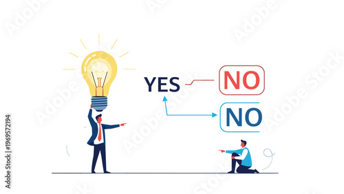 Businessman holding a bright light bulb making a critical decision between yes and no options to solve a complex professional problem.