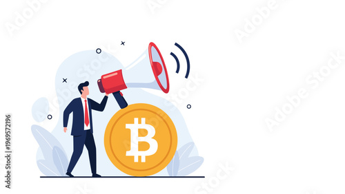Energetic businessman using a megaphone next to a massive golden bitcoin to announce and promote cryptocurrency market trends and news.