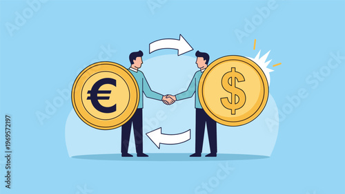 Professional business partners shaking hands to finalize a currency exchange agreement between Euro and US Dollar for international trade.