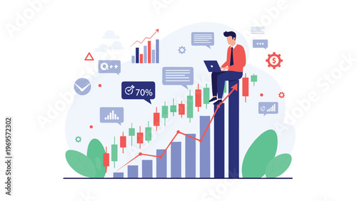 Businessman sitting on top of a rising bar chart with a laptop, analyzing financial data and market trends for successful investment strategies.