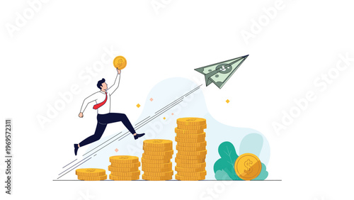 Ambitious businessman jumping across stairs made of gold coins towards a flying paper airplane made of money, representing financial goals and success.