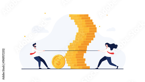 Businessman and businesswoman engaged in a tug of war over a tall, swaying stack of gold coins, illustrating financial competition or struggle.