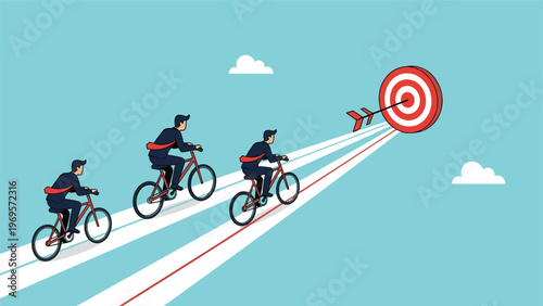 Group of professional business people riding bicycles on paths of light towards a red target, representing collective effort and goal orientation.