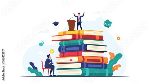 Successful businessman celebrating on top of a tall stack of books while another man sits below thinking, representing education and knowledge acquisition.