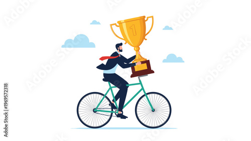 Professional businessman riding a bicycle while triumphantly holding a large golden trophy cup, symbolizing achievement and a successful career journey.