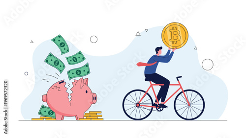 Broken piggy bank with falling cash contrasted with a man riding a bicycle while holding a large bitcoin coin, symbolizing the shift to digital currency.
