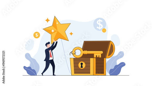 Businessman placing a large gold star into a wooden treasure chest with a giant key, symbolizing the securing of rewards and successful milestones.