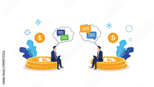Two business investors sitting on stacks of bitcoin coins and using laptops while communicating with speech bubbles, discussing cryptocurrency trends.