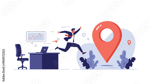 Businessman jumping from his office desk towards a giant red location pin, representing a career move, travel, or seeking a specific business destination.