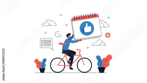 Professional businessman riding a bicycle while holding a large calendar page with a blue thumbs up icon, symbolizing successful time management.