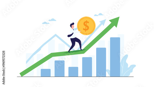 Businessman rolling a large gold dollar coin up a steep rising green arrow on a bar chart, representing the effort required for financial growth.