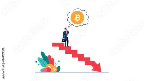 Businessman with a briefcase standing thoughtfully on a staircase formed by a falling red arrow, contemplating risks or financial downturns.