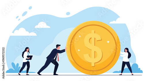 Three business professionals working together to push a massive golden dollar coin, representing collective effort and team driven financial success.