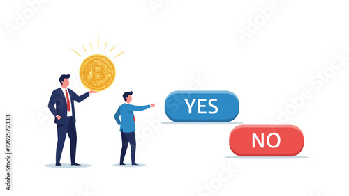 Two businessmen standing next to a large bitcoin coin and deciding between YES and NO buttons, representing cryptocurrency investment choices.