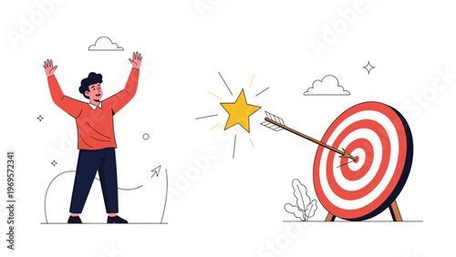 Joyful man celebrating as an arrow hits the center of a target, causing a gold star to appear, symbolizing perfect execution and success.