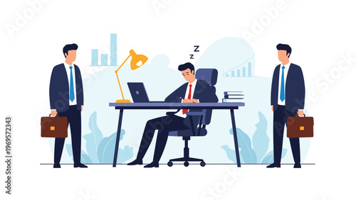 Tired businessman sleeping at his desk while two colleagues with briefcases watch him, highlighting workplace fatigue and time management issues.