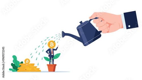 Giant businessman hand watering a potted plant with a man standing on it and stacks of bitcoin nearby, symbolizing nurturing crypto investments.